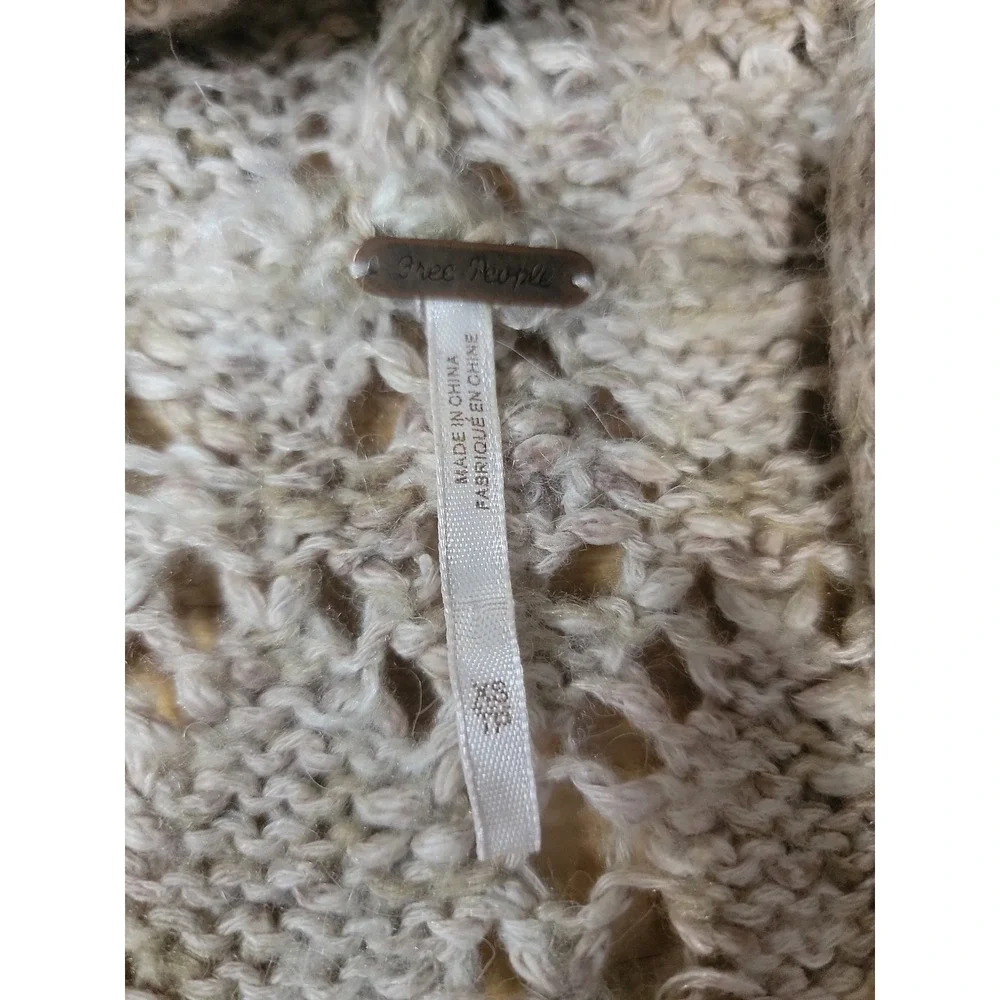 ♡Free People Womens Beige Pointelle Knit Hooded Cardigan Long Sweater XS
